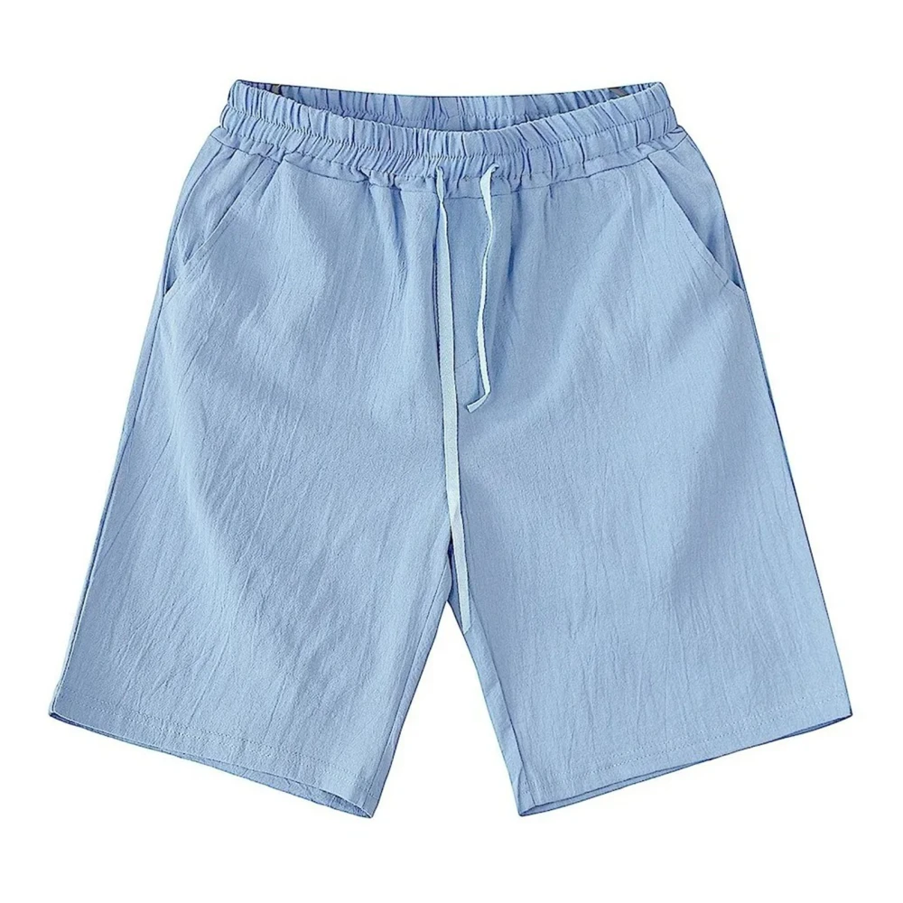 Men Summer Loose Casual Shorts Cotton Linen Pure Color Drawstring Elastic Waist Workout Shorts with Pocket Skyblue XL