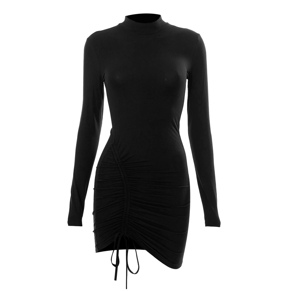 Women Ruched Bodycon Dress Fashionable Elegant Pure Color Long Sleeve Drawstring Dress for Holiday Party Black L