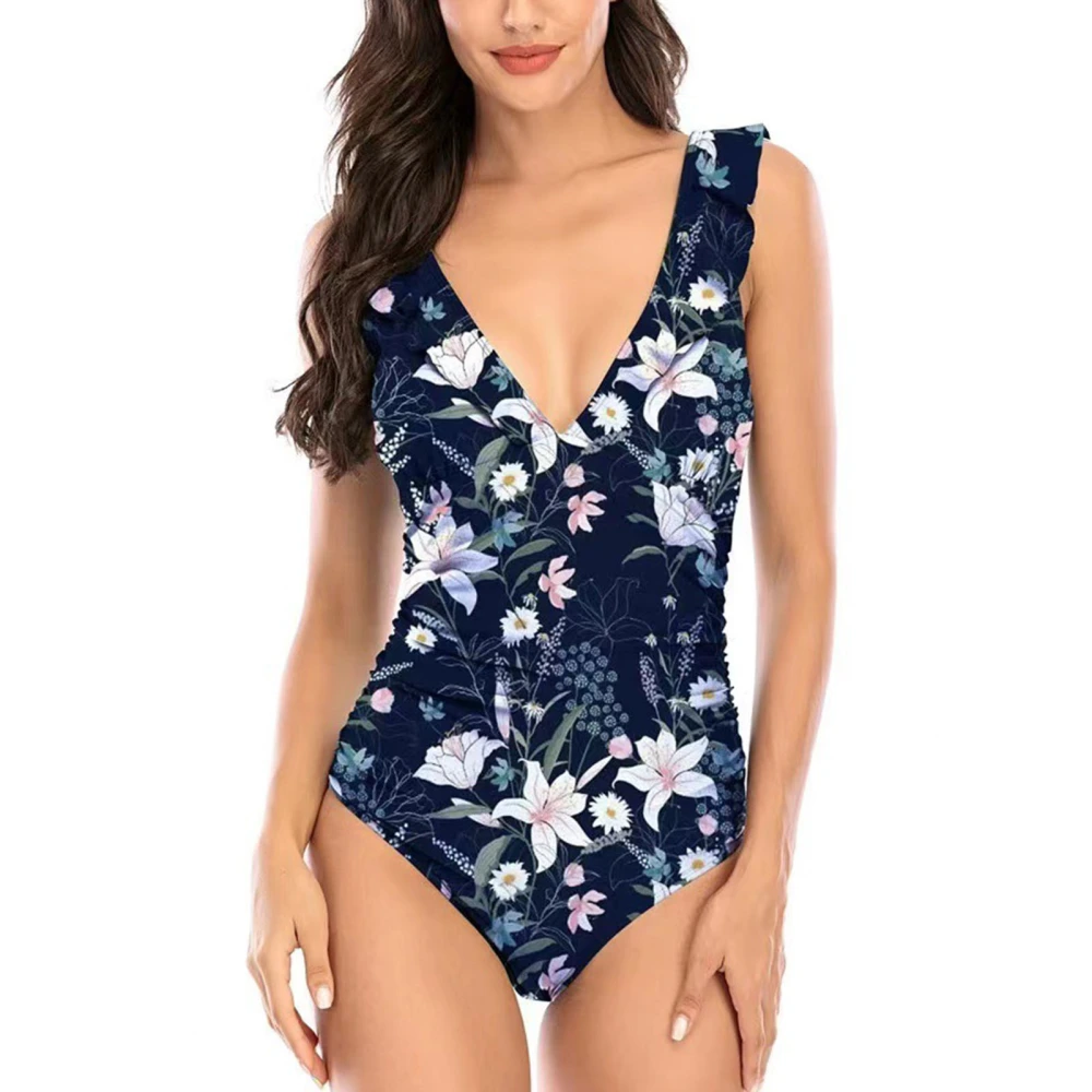 Women One Piece Swimsuit Fashionable Cute Tummy Control Ruffle Deep V Neck Bathing Suits for Beach Party Swimming Pool Orchid XL