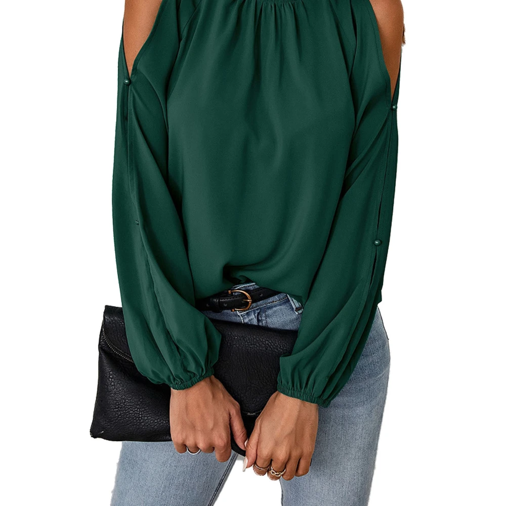 Cold Shoulder Ruffle Collar Blouse Round Neck Long Sleeve Casual Ruffle Top for Autumn Winter Dark Green M