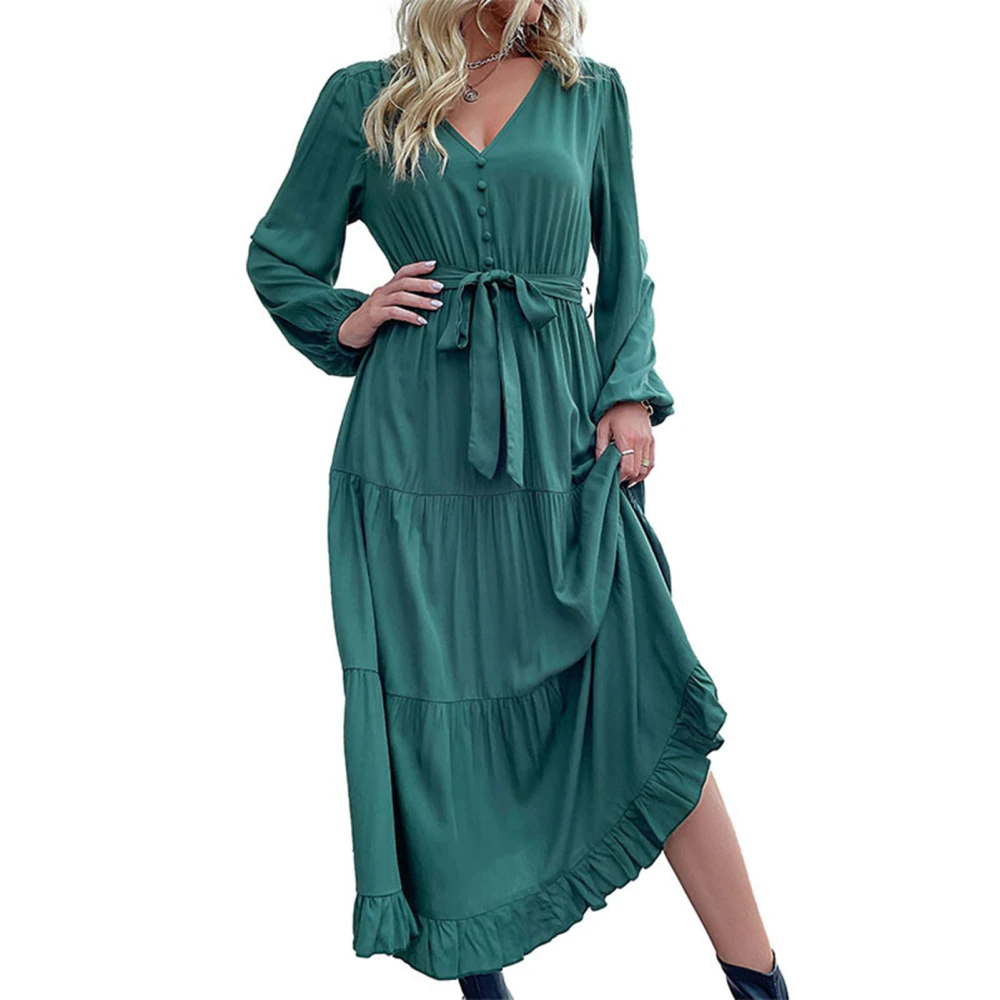 Women Maxi Dress V Neck Long Puff Sleeves Waist Pleats Straps Button Front Decor Ruffles A Line Hem Dress Dark Green XL