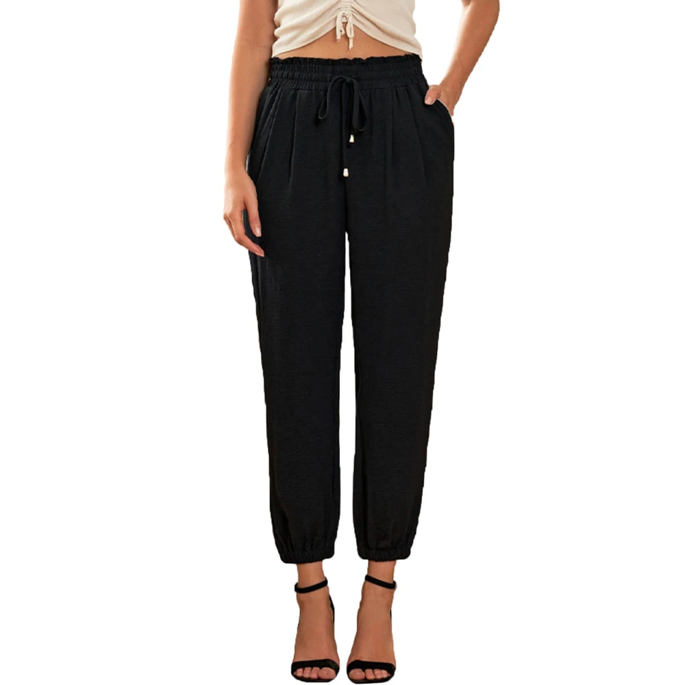 Casual Pants Long Pure Color High Waisted Side Pockets Tapered Cuff Loose Fit Trousers for Women Black M