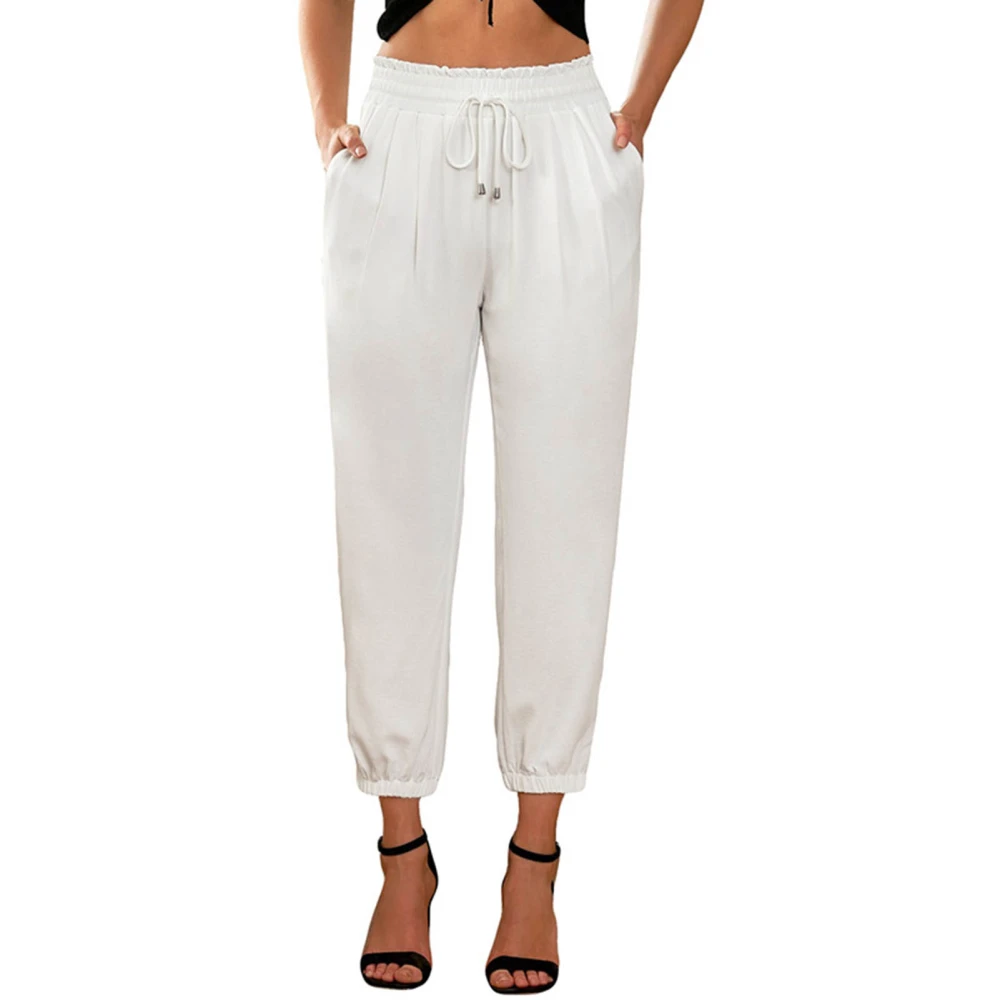 Casual Pants Long Pure Color High Waisted Side Pockets Tapered Cuff Loose Fit Trousers for Women White L