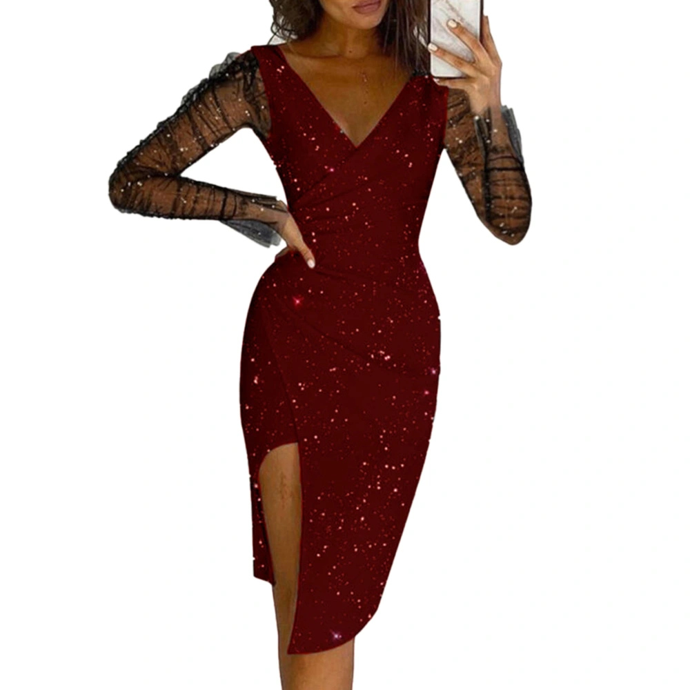 Women Long Dress Bead Long Mesh Sleeve Slit V Neck Irregular Hem Women Evening Dress for Daily Party Festival Wine Red 3XL