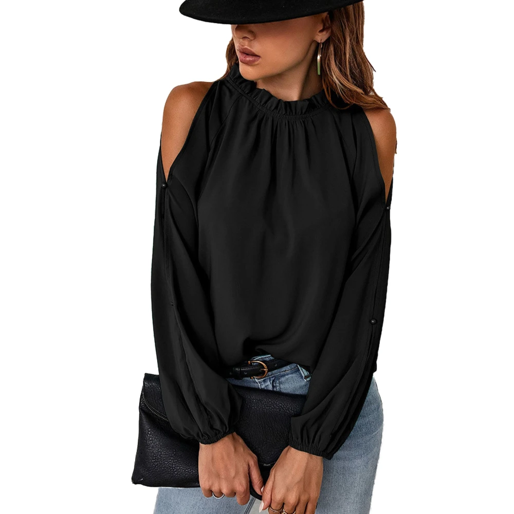 Cold Shoulder Ruffle Collar Blouse Round Neck Long Sleeve Casual Ruffle Top for Autumn Winter Black XL