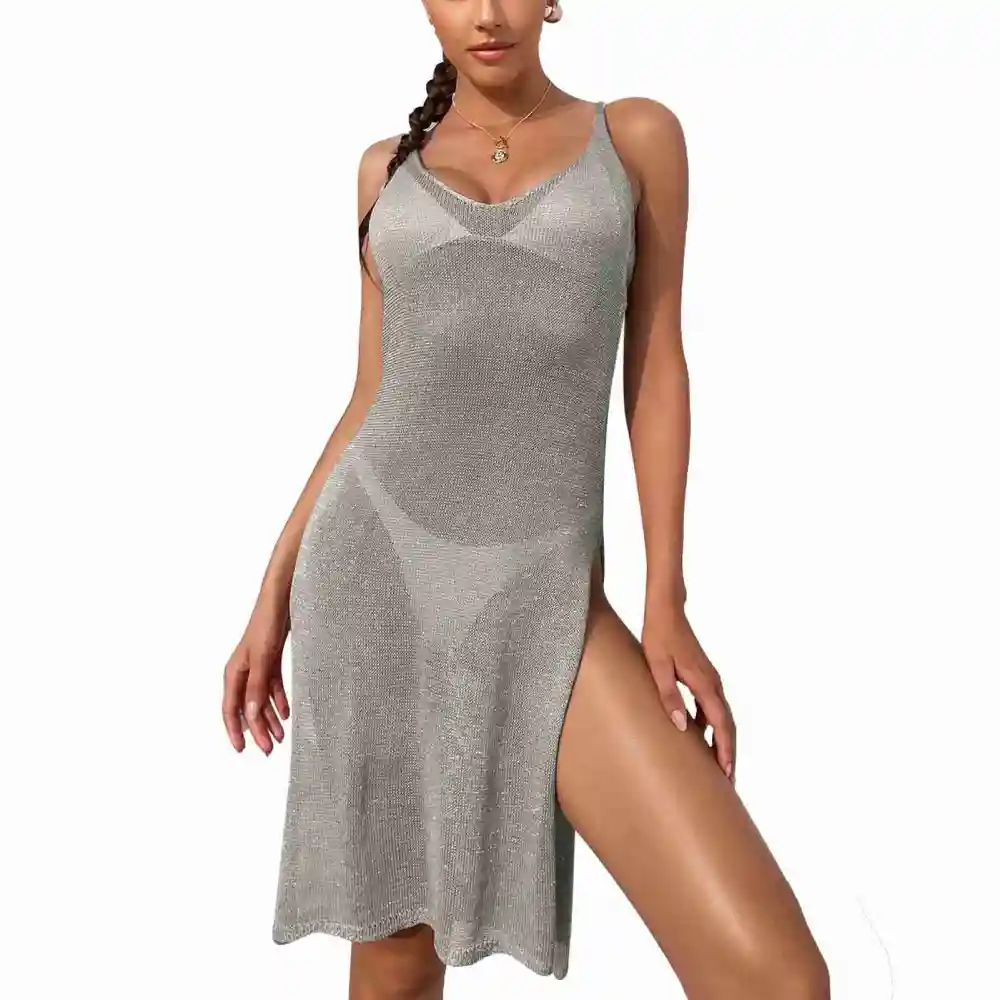 Women Beach Swimsuit Cover Up Elegant Breathable V Neck Sleeveless Backless Side Split Knitted Cover Up Gray Free Size