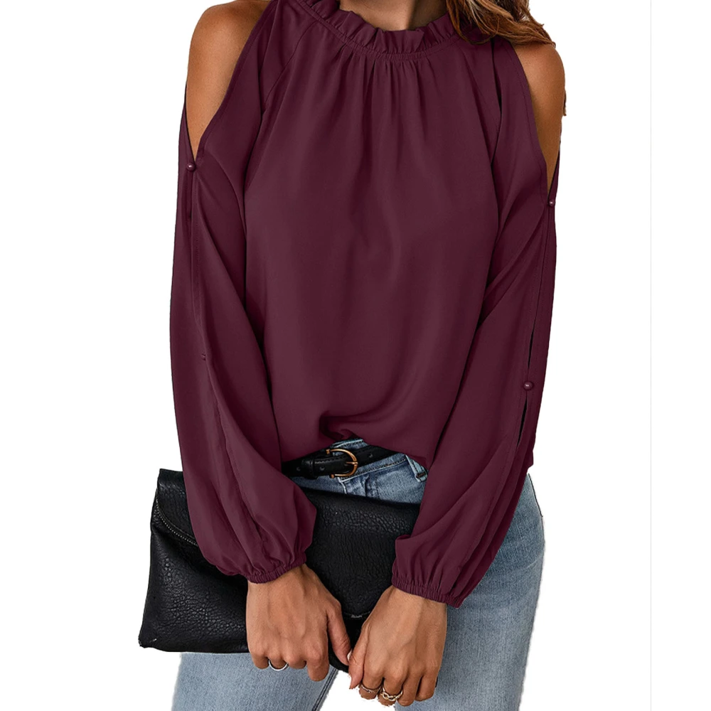 Cold Shoulder Ruffle Collar Blouse Round Neck Long Sleeve Casual Ruffle Top for Autumn Winter Wine Red L