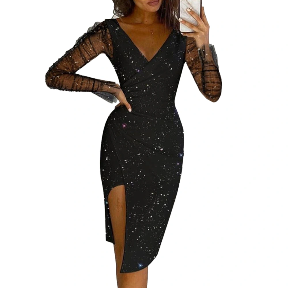 Women Long Dress Bead Long Mesh Sleeve Slit V Neck Irregular Hem Women Evening Dress for Daily Party Festival Black 3XL