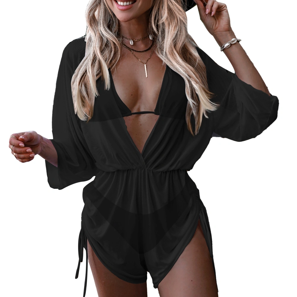 Women Cover Up Bikini Set 3 Piece Pure Color Elastic Waist Stretchy Side Drawstring 3/4 Sleeve Bathing Suit Black M