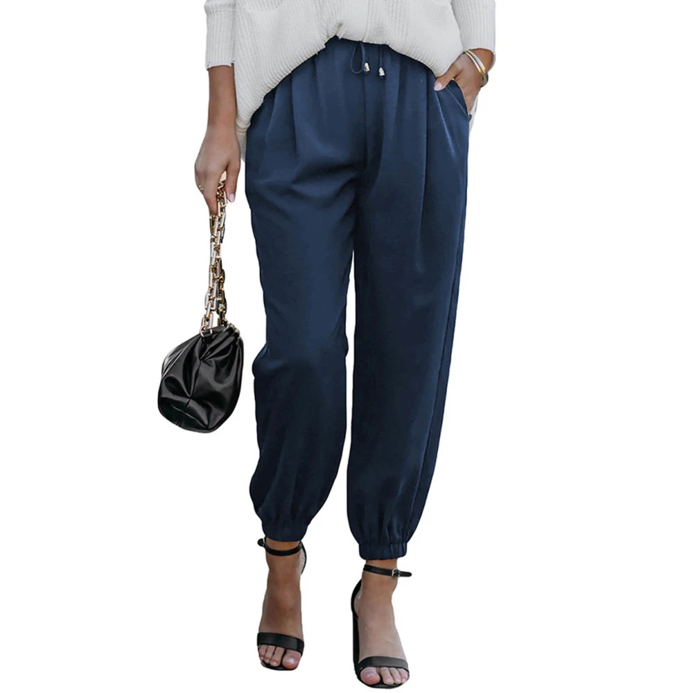 Casual Pants Long Pure Color High Waisted Side Pockets Tapered Cuff Loose Fit Trousers for Women Blue S