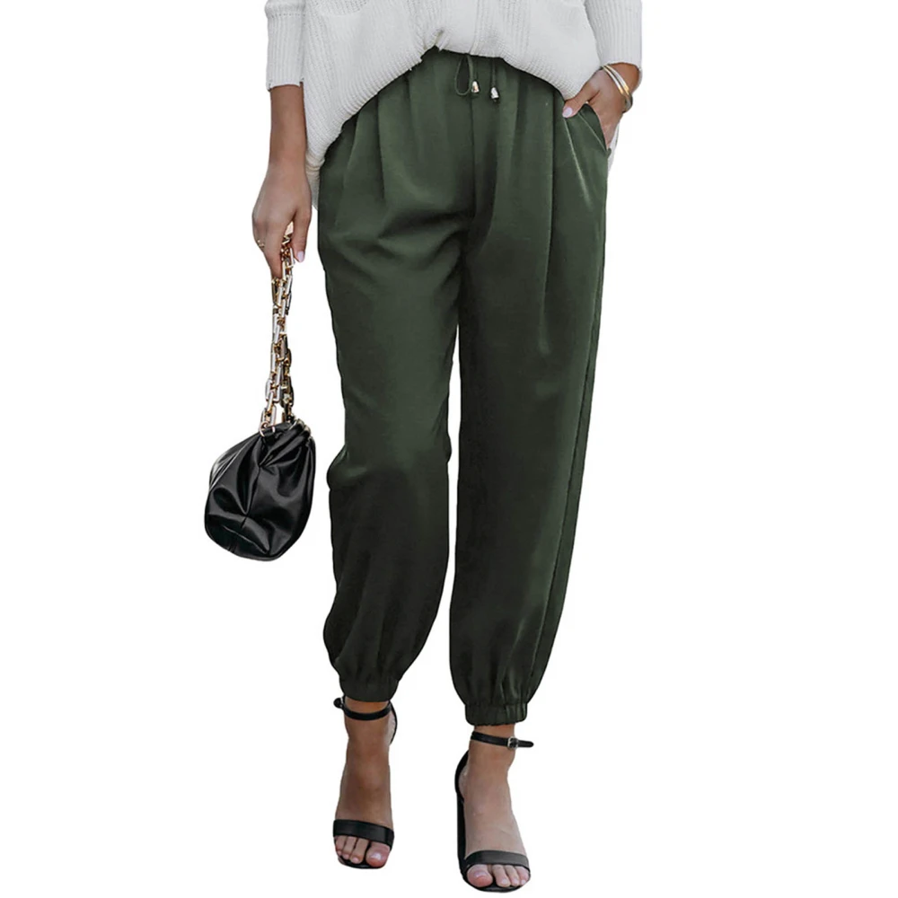 Casual Pants Long Pure Color High Waisted Side Pockets Tapered Cuff Loose Fit Trousers for Women Green S