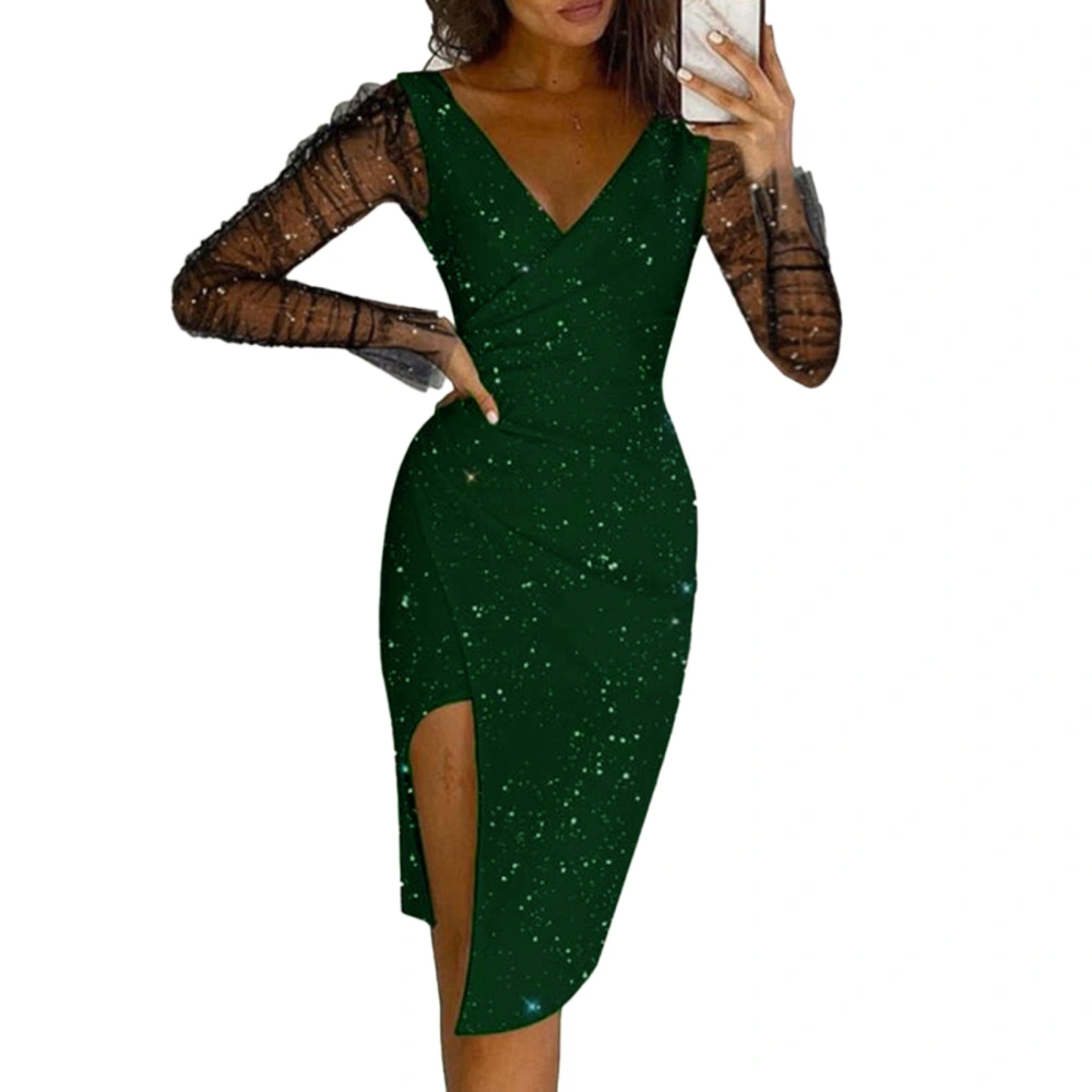 Women Long Dress Bead Long Mesh Sleeve Slit V Neck Irregular Hem Women Evening Dress for Daily Party Festival Dark Green L