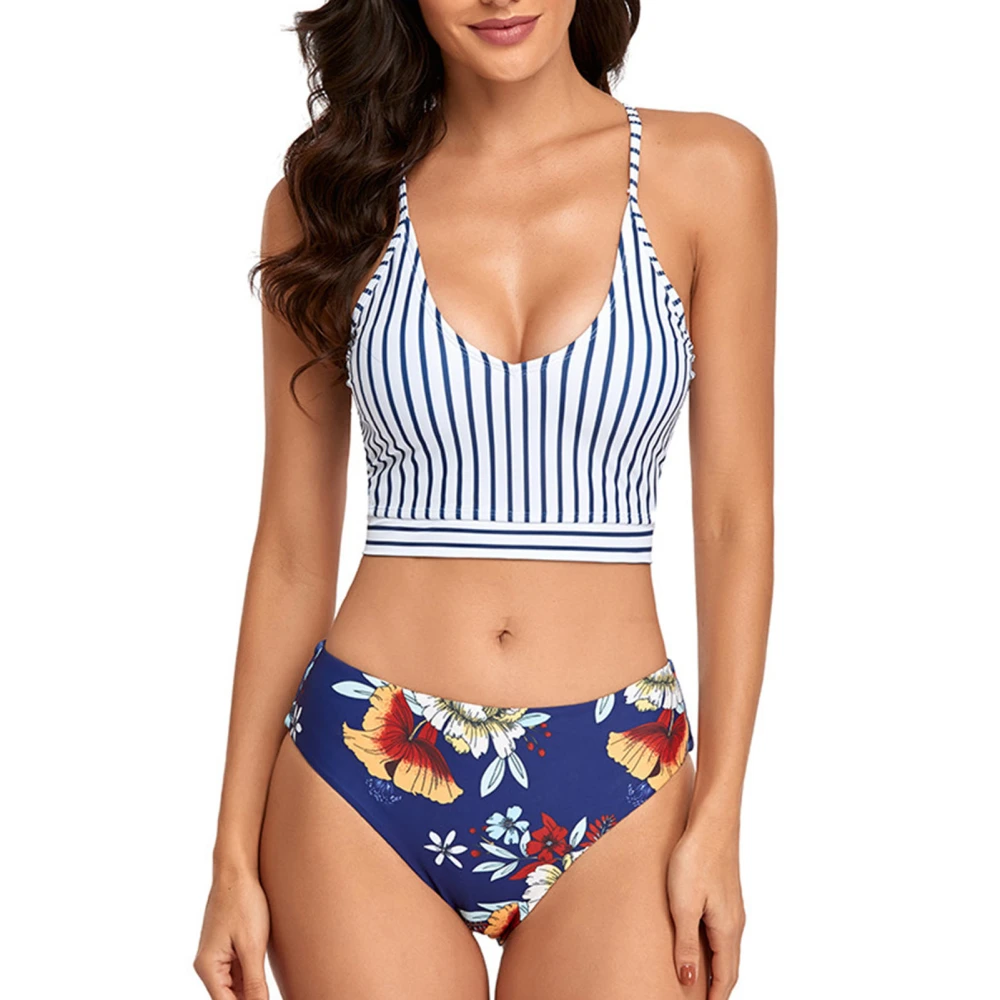 Women Bikini Set Elegant Striped Top Floral Print Bottom 2 Piece Swimsuit Bathing Suit Blue XL