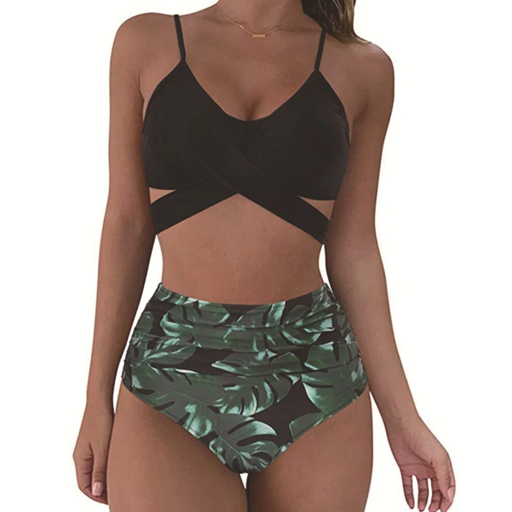 Two Piece Bikini High Waist Backless Comfortable Fashionable Tight Bikini for Beaches Surfing Swimming Pools Palm Leaf L