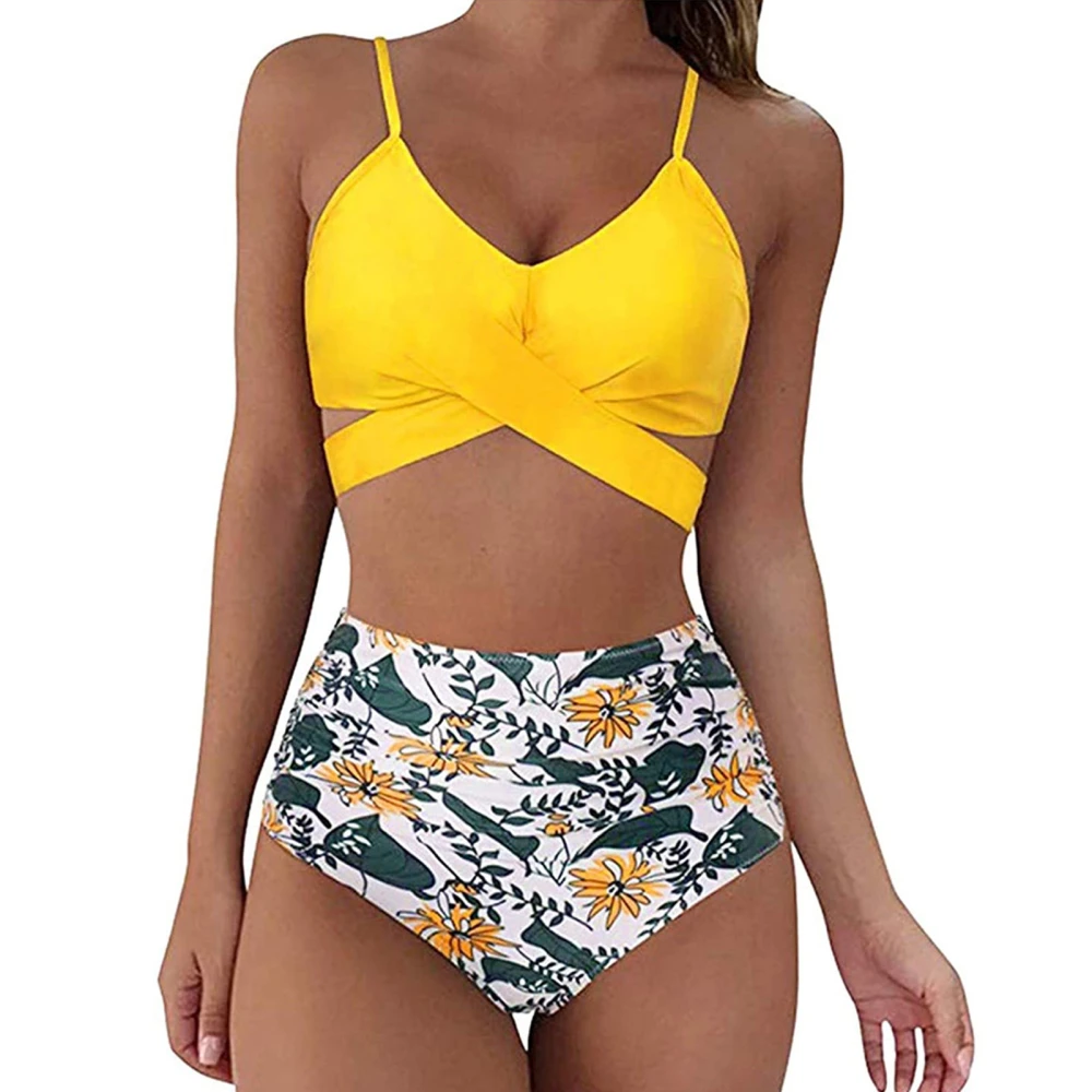 Two Piece Bikini High Waist Backless Comfortable Fashionable Tight Bikini for Beaches Surfing Swimming Pools Yellow Flower XL