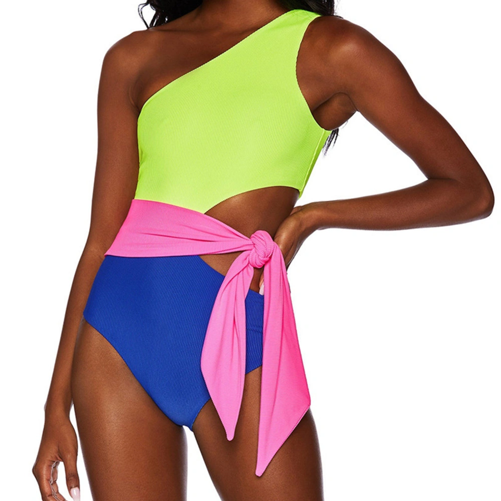 Women Swimsuit One Piece One Shoulder Color Blocking Cutout Tie Waist Bikini Bating Suit Royalblue S