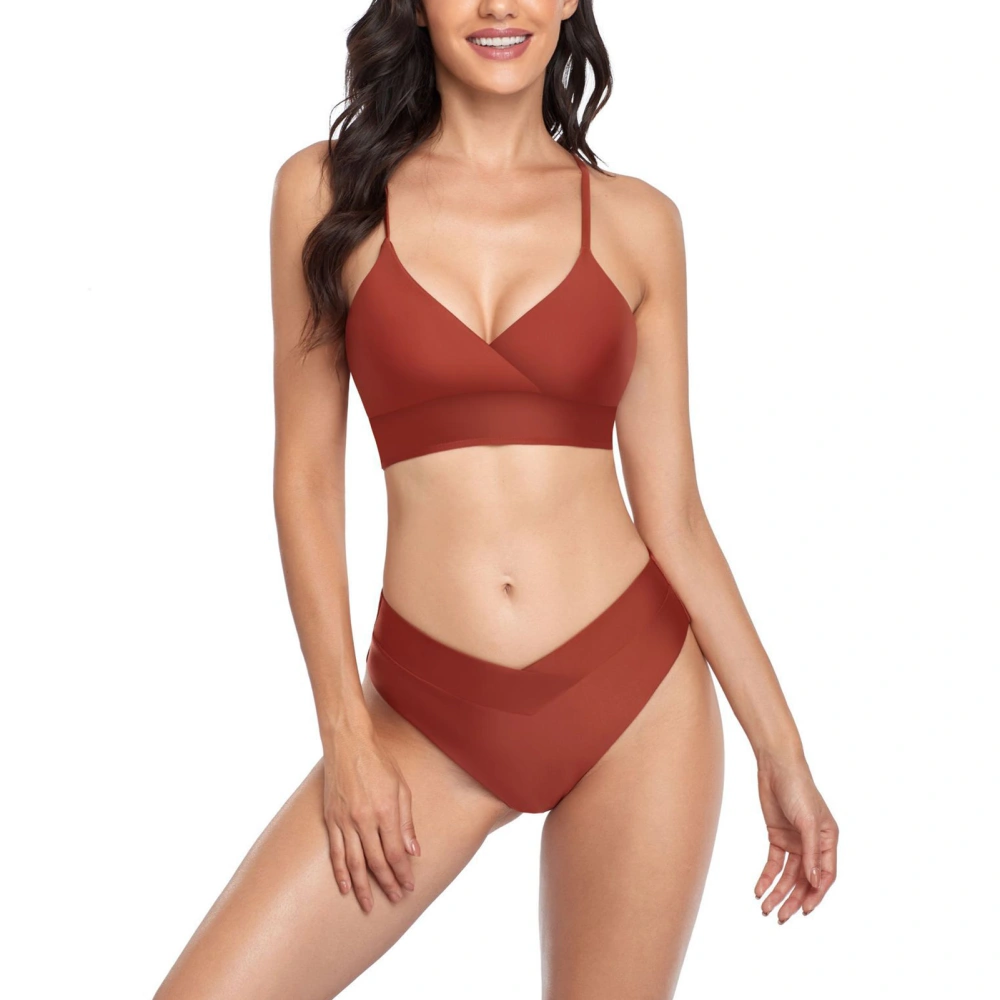 Women Two Pieces Swimsuit Adjust Shoulder Straps V Neck Pure Color Bathing Suit for Summer Wine Red L