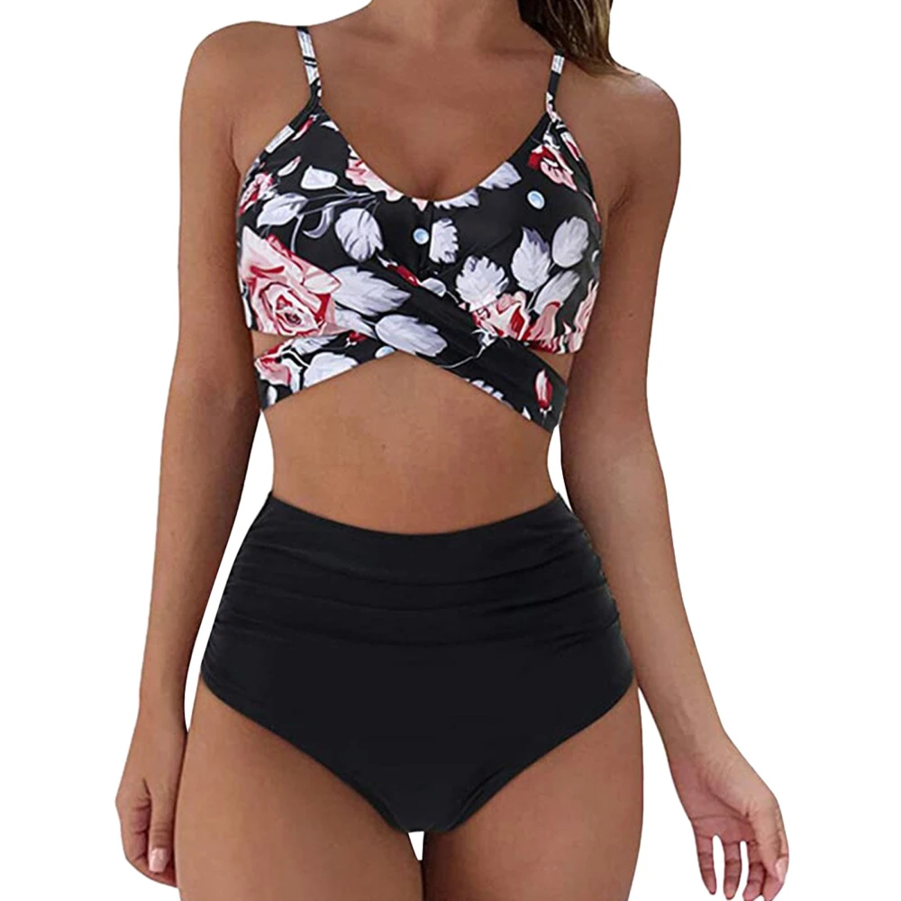 Two Piece Bikini High Waist Backless Comfortable Fashionable Tight Bikini for Beaches Surfing Swimming Pools Red White Flowers L