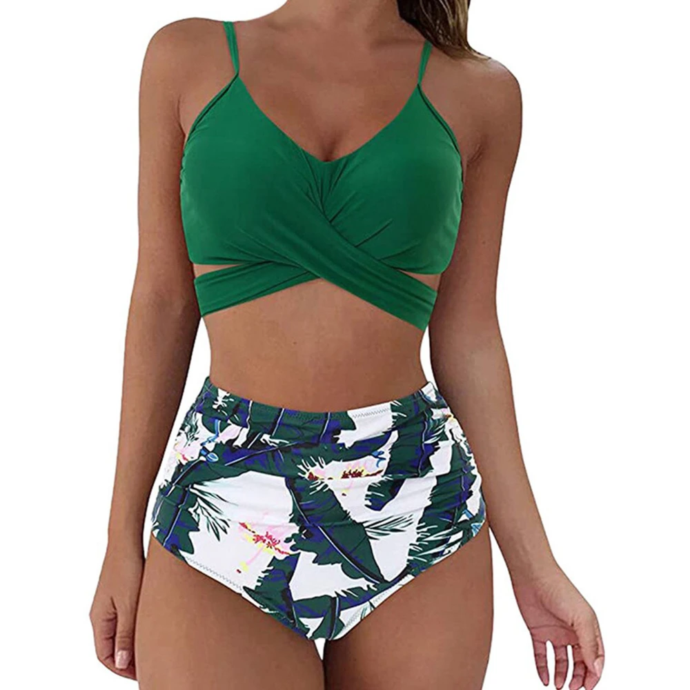 Two Piece Bikini High Waist Backless Comfortable Fashionable Tight Bikini for Beaches Surfing Swimming Pools Green Leaves S