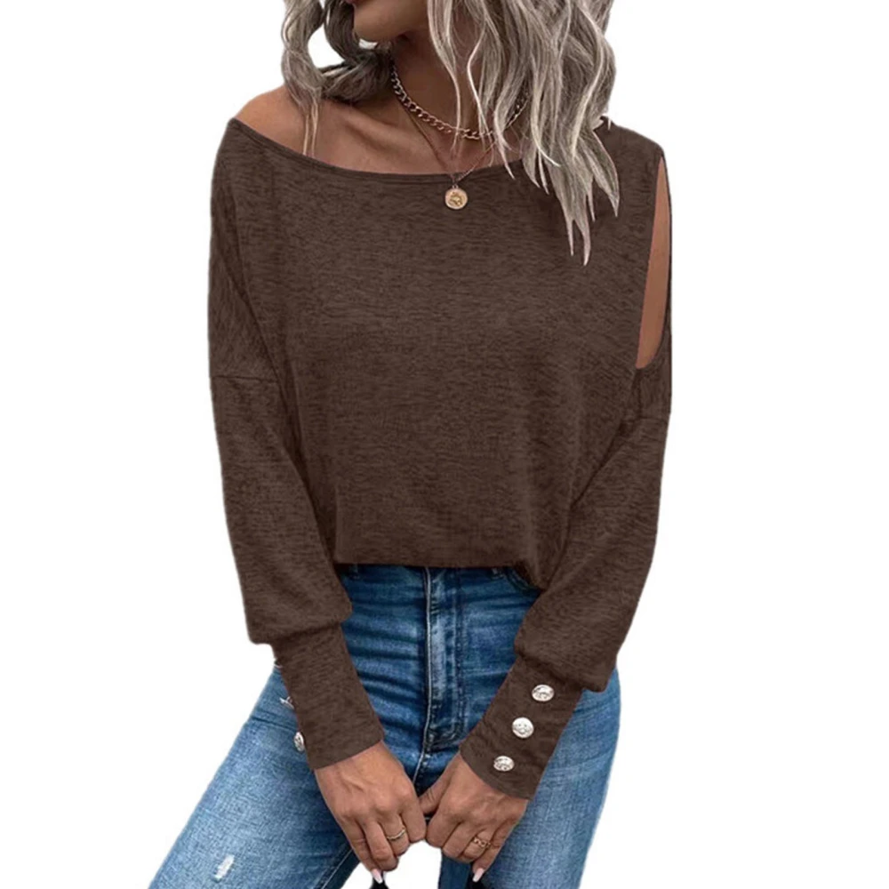 Women Off The Shoulder Top Long Sleeve Boat Neck Pure Color Buttons Cuff Tunic Pullover Top Dark Brown M