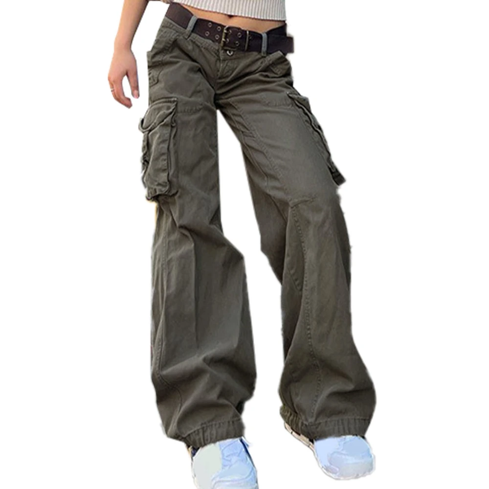 Women Cargo Pants with Multi Pockets Pure Color Fashion Skin Friendly High Waist Pants Straight Leg Pants Grey L