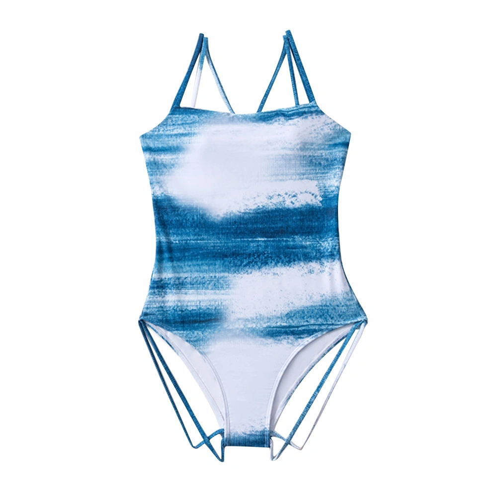 Women Bathsuit Slim Fit Backless Spaghetti Strap Fashionable One Piece Swimming Suit for Beach Gradient Blue L