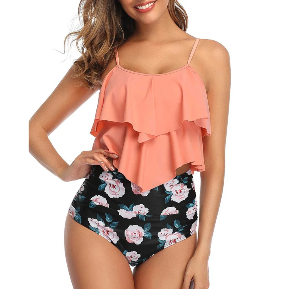 Women Two Piece Swimsuit Spaghetti Strap Ruffle Hem Printed Two Piece High Waist Padded Wireless Bating Suit Pink Flower Print L