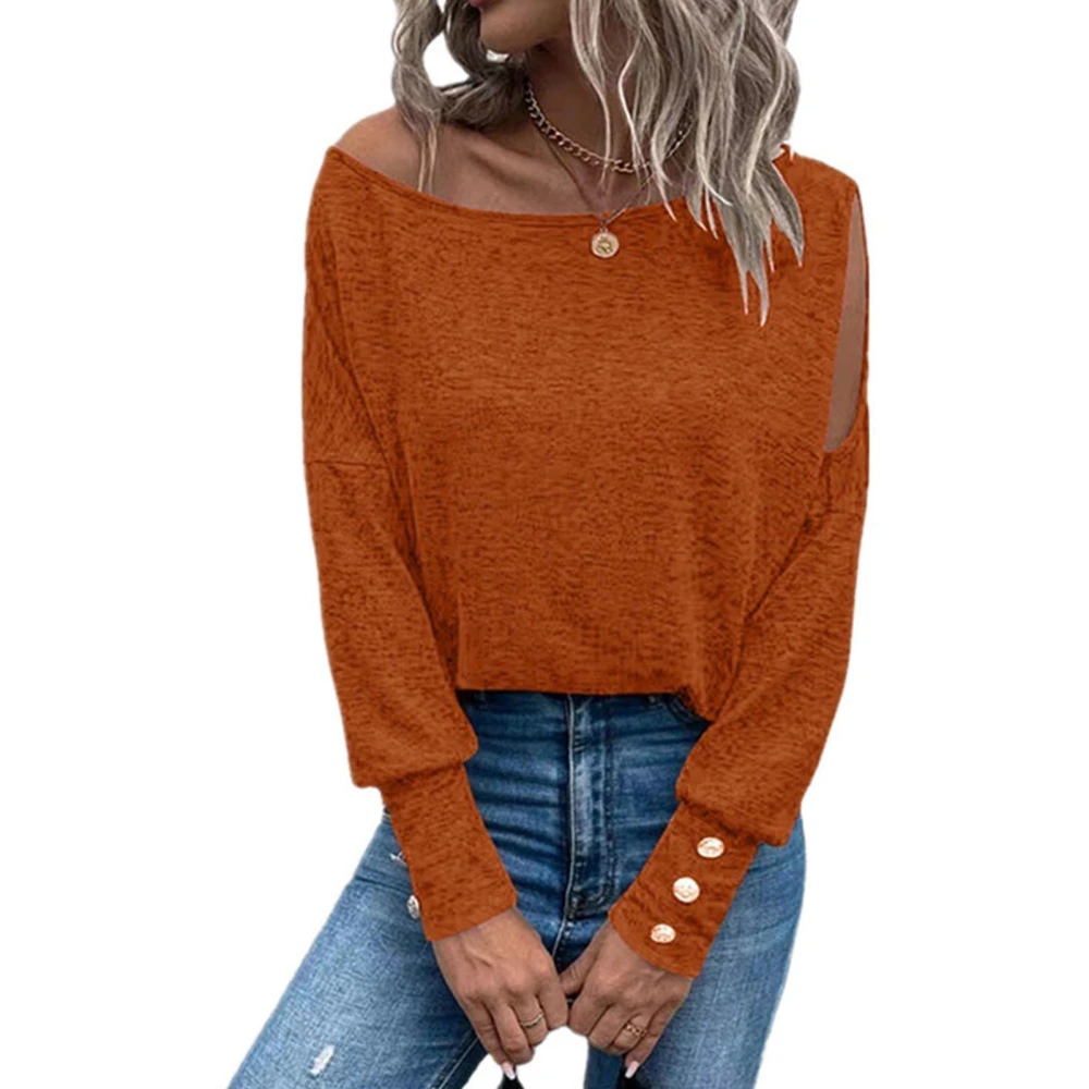 Women Off The Shoulder Top Long Sleeve Boat Neck Pure Color Buttons Cuff Tunic Pullover Top Orange XL