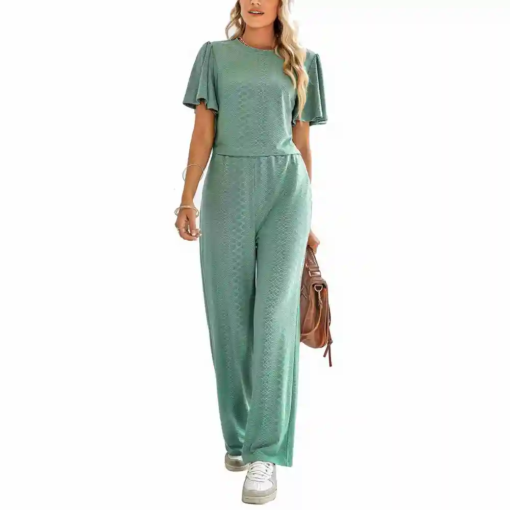 Women Knit Hollow 2 Piece Outfit Casual Pure Color Crewneck Ruffle Short Sleeve Tops Elastic Waist Pants Pea Green XL