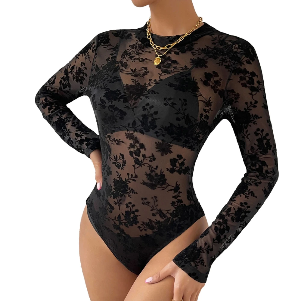 Long Sleeve Mesh Bodysuit Leotard Lace Print See Through Slim Fitting Bodysuit for Women S Black