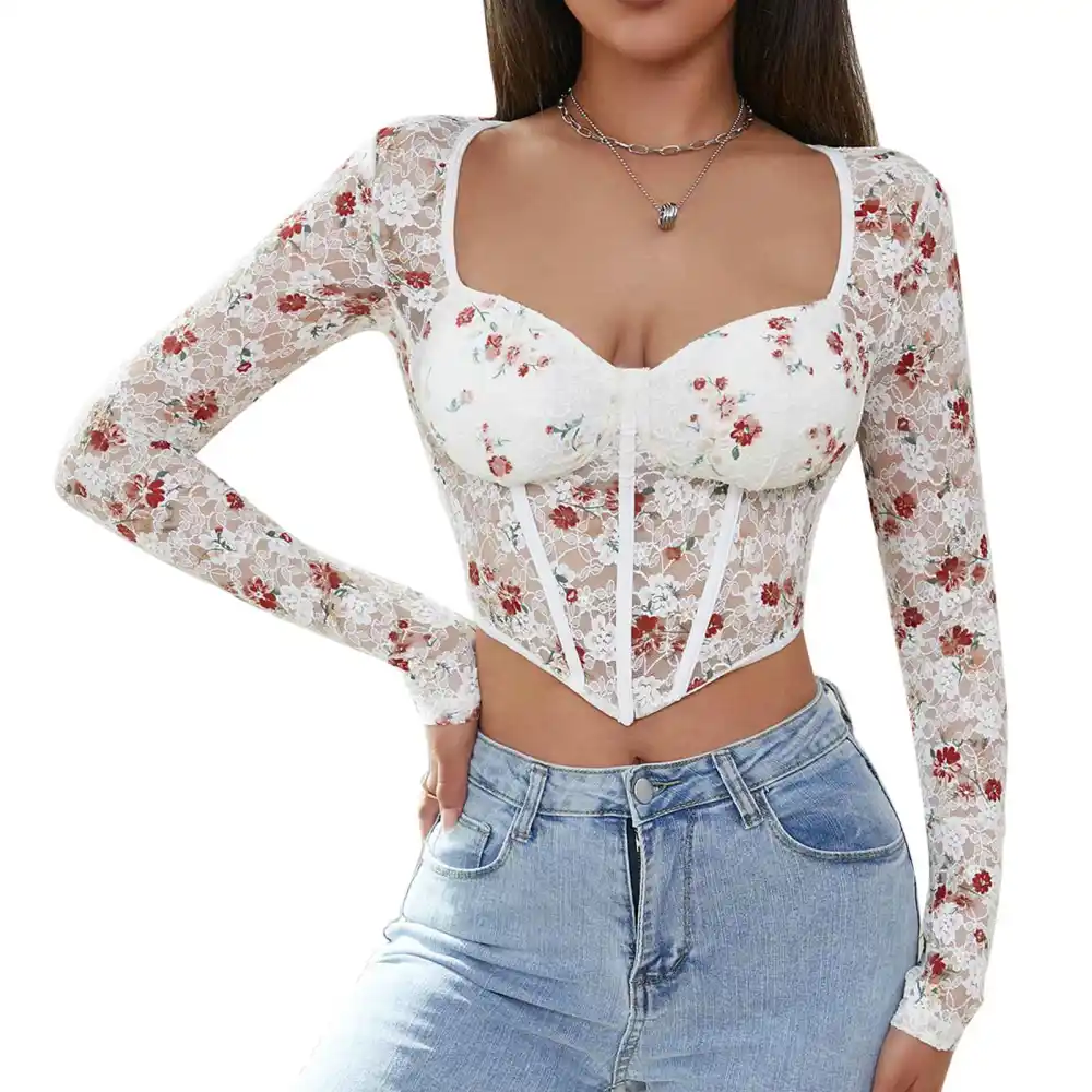 Long Sleeve Crop Tops Laced Floral Prints Squared Neck INS Style Long Sleeve Crop Blouse for Party Street Outdoor Apricot M