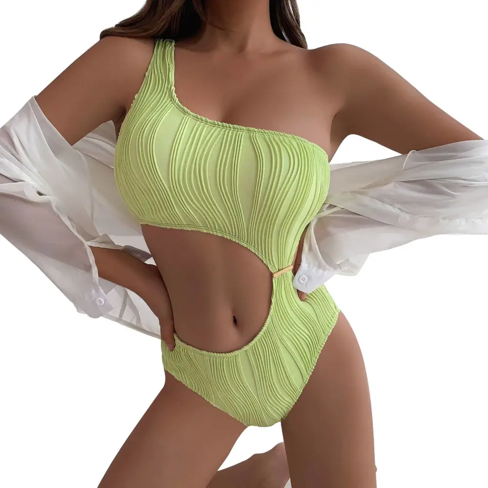 Bikini Single Shoulder Solid Color 1 Piece Unique Cut Out Women Swimwear for Beach Party Green L