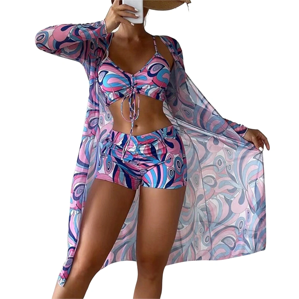 Women 3 Piece Swimsuit Botanical Floral Abstract Print Drawstring 3 Piece Bikini Cover Up for Summer Beach Swimming Purple XL