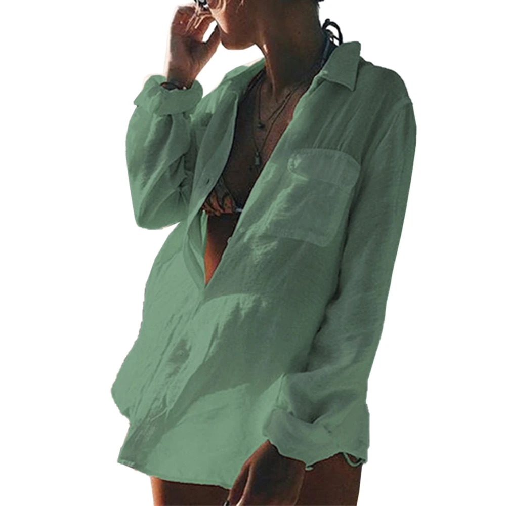 Women Bikini Cover Up See Through Turn Down Colloar Button Closure Loose Type Sun Protection Shirt Light Green Free Size