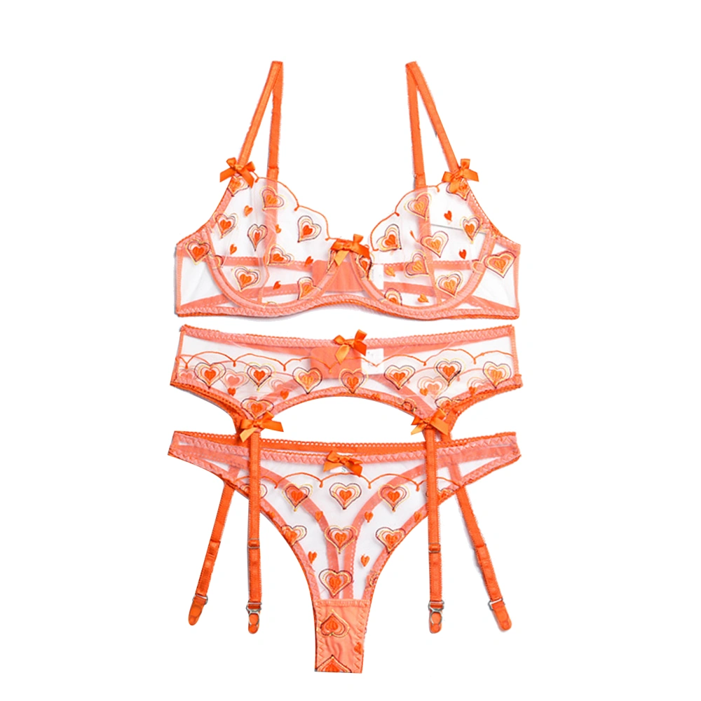 Transparent Bra Panty Set Lace Love Embroidery Mesh with Underwire Women Underwear Orange M