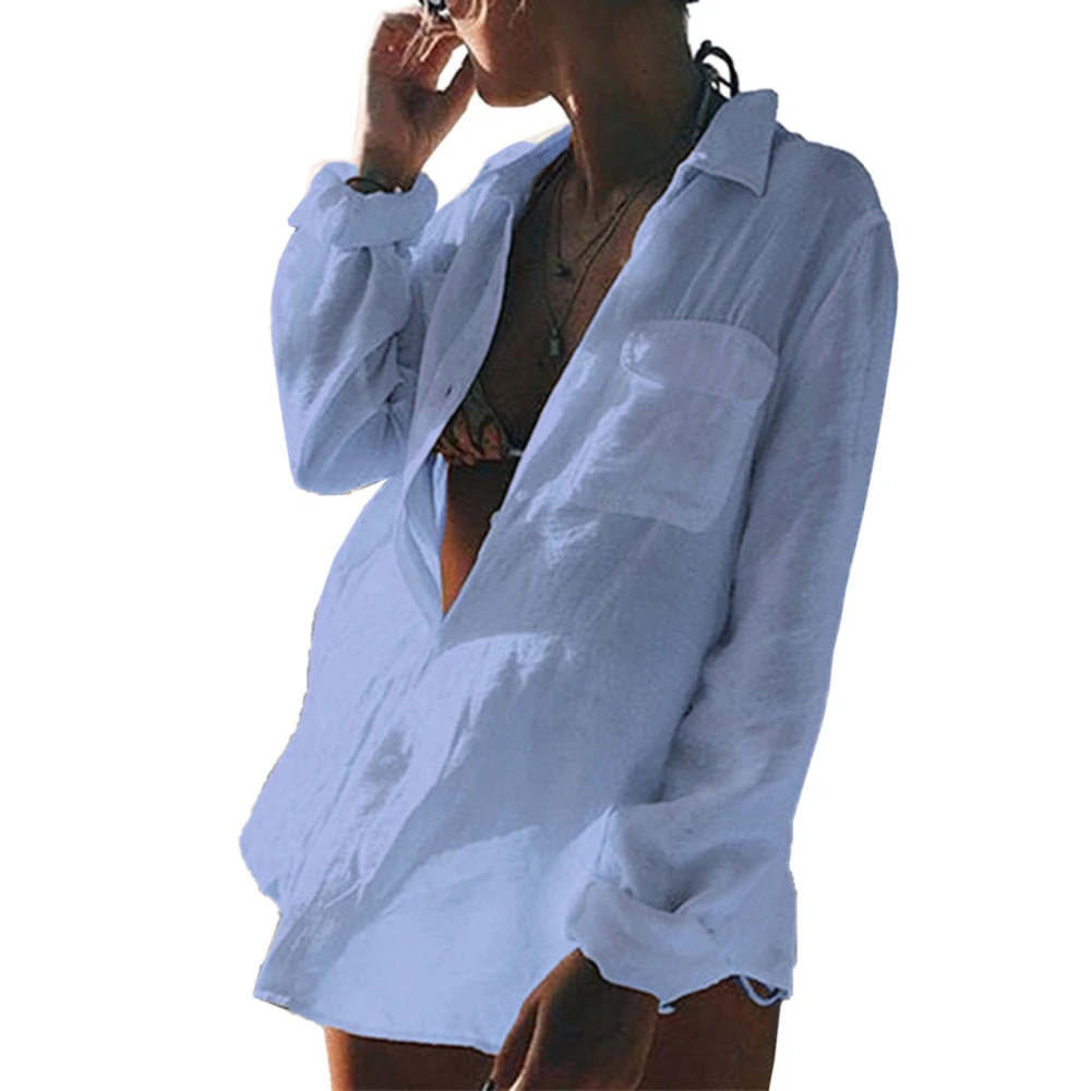 Women Bikini Cover Up See Through Turn Down Colloar Button Closure Loose Type Sun Protection Shirt Cyan Free Size