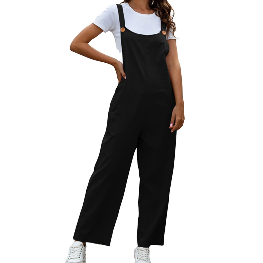 Women Bib Pants Pure Color Straight Button Elegant Vintage Side Pockets Casual Fit Bib Pants Black XL