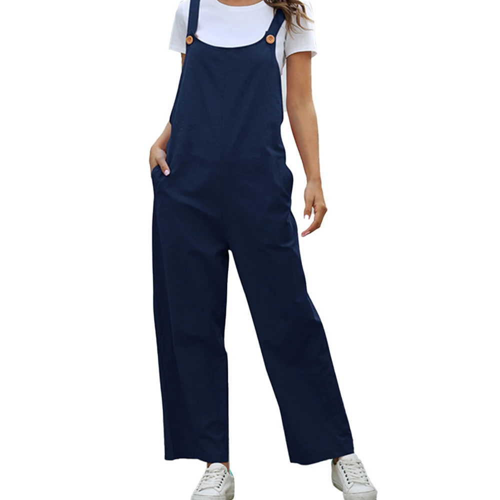 Women Bib Pants Pure Color Straight Button Elegant Vintage Side Pockets Casual Fit Bib Pants Dark Blue S