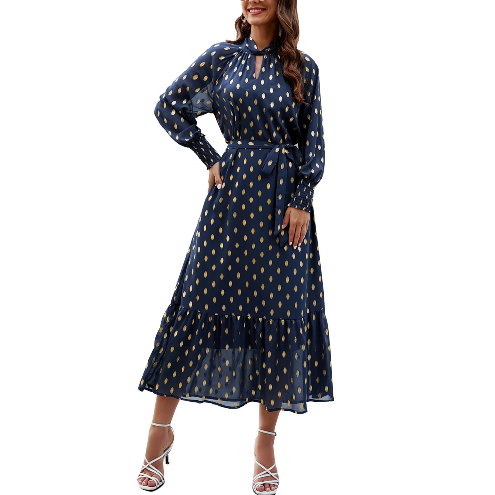 Women Dress Belted Shirred Cuff Lantern Sleeve Ruffle Hem Neck Cutout Dots Printed Dress Dark Blue XL