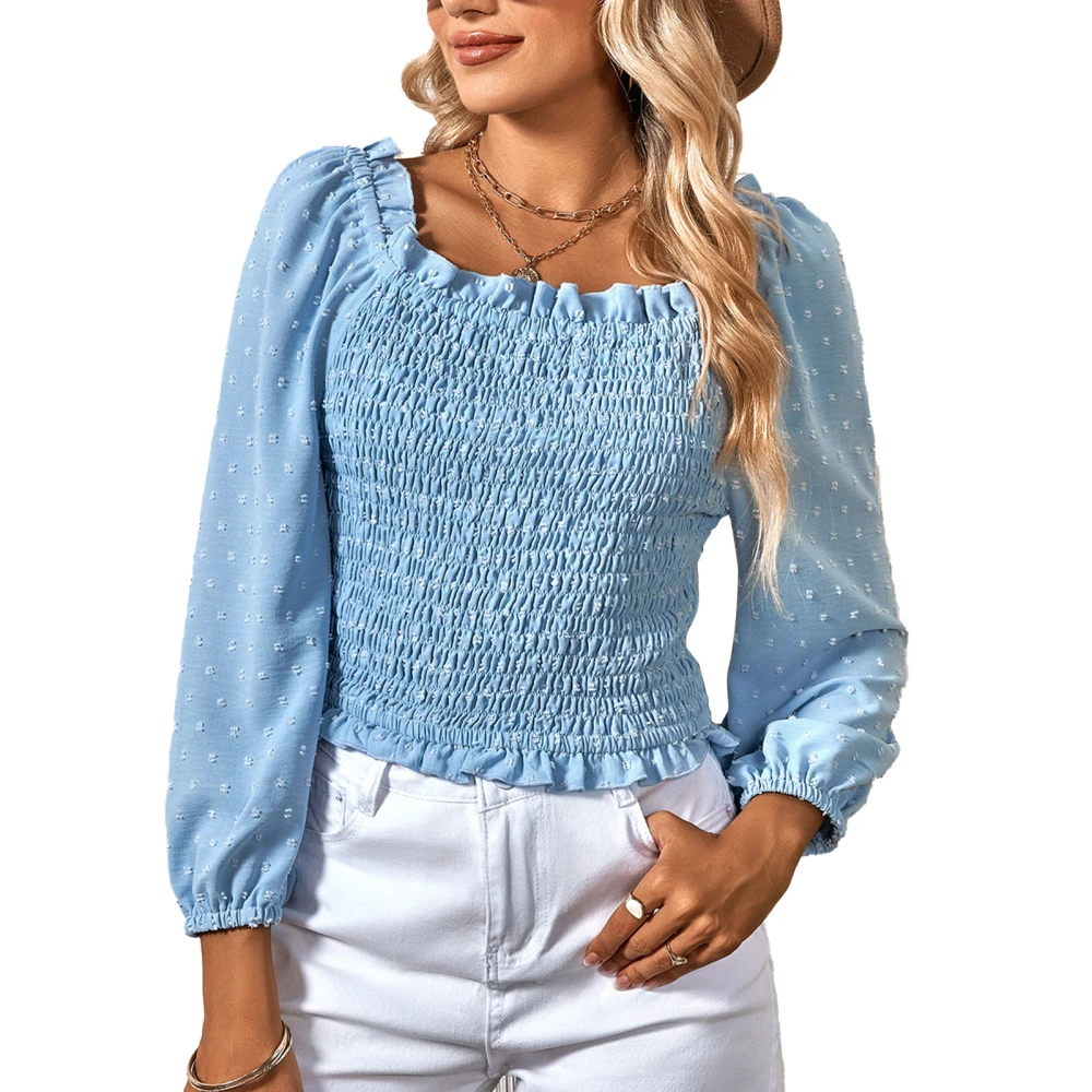 Women Frill Smocked Top Pure Color U Neck Long Sleeve Polka Dot Frill Shirred Smocked Blouse Light Blue M