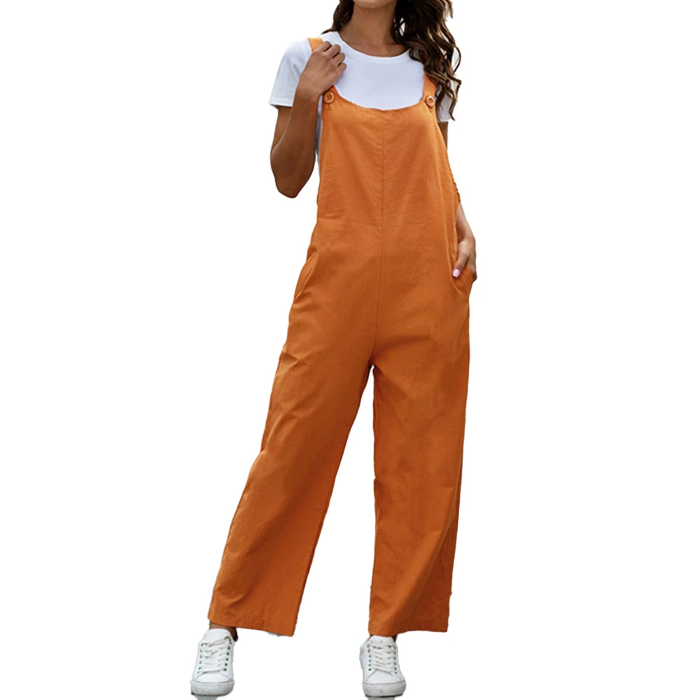 Women Bib Pants Pure Color Straight Button Elegant Vintage Side Pockets Casual Fit Bib Pants Orange S