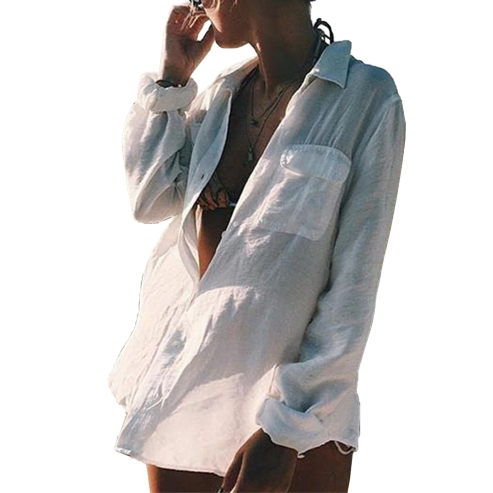 Women Bikini Cover Up See Through Turn Down Colloar Button Closure Loose Type Sun Protection Shirt White Free Size