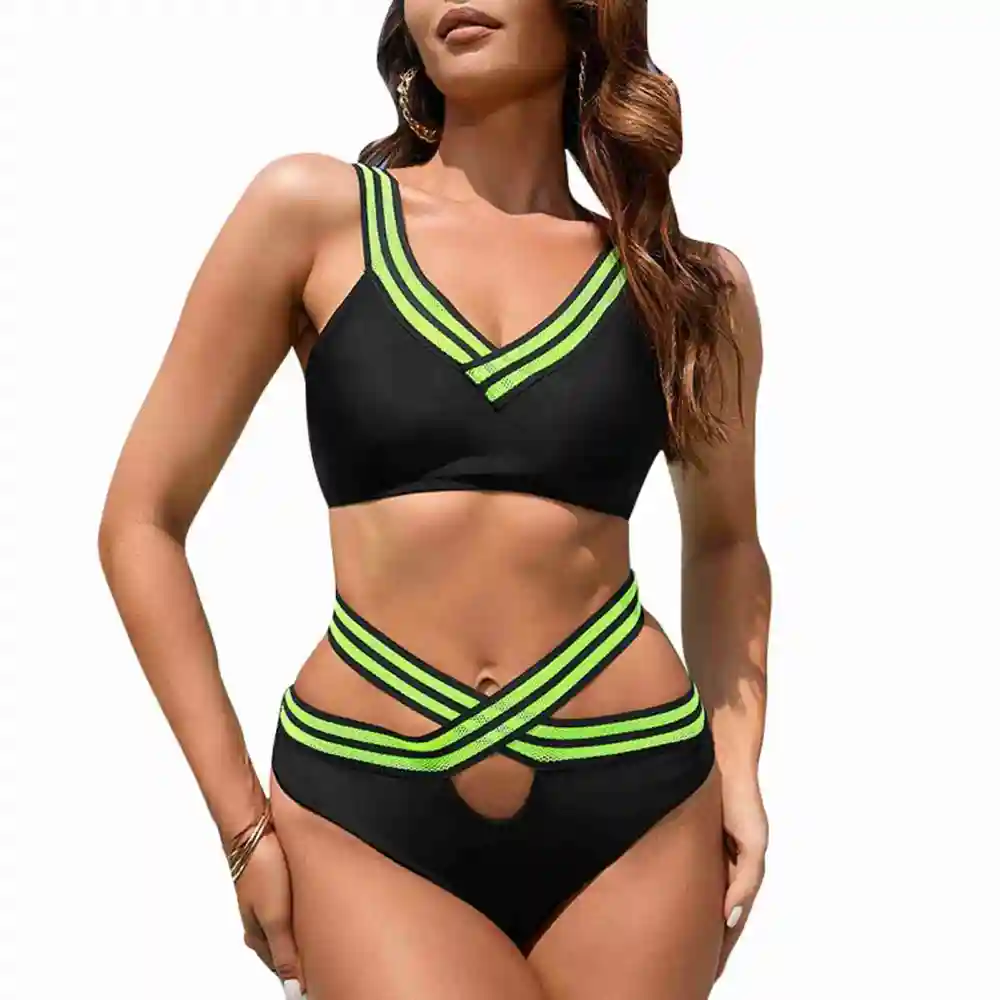 Women Bikini Set Fashionable Elegant Color Block V Neck Top Hollow Bottom 2 Piece Swimsuit for Surfing Black L