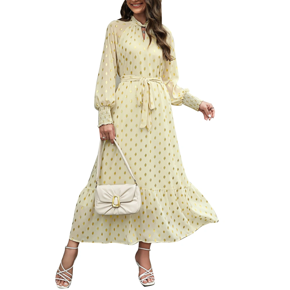 Women Dress Belted Shirred Cuff Lantern Sleeve Ruffle Hem Neck Cutout Dots Printed Dress Apricot XXL