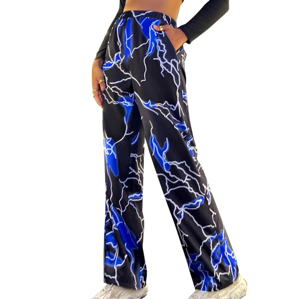 Women Fashionable Graphic Print Pants High Waist Straight Female Dance Wide Leg Pants Sweatpants Blue L