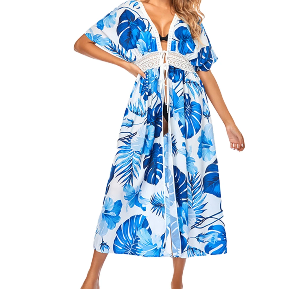 Women Lace Bathing Suit Cover Up Stylish Loose V Neck Sun Protection Women Beach Coverup for Beach Party Swimming Pool Blue Leaf Print Average Size