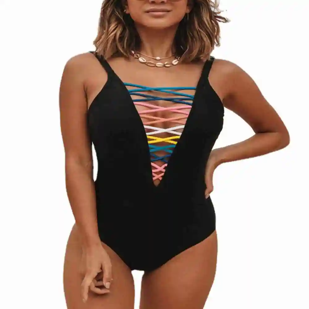 Women One Piece Swimsuit Beach Party Stylish Elegant Multicolor Lace Up Bathing Suit for Surfing Black S