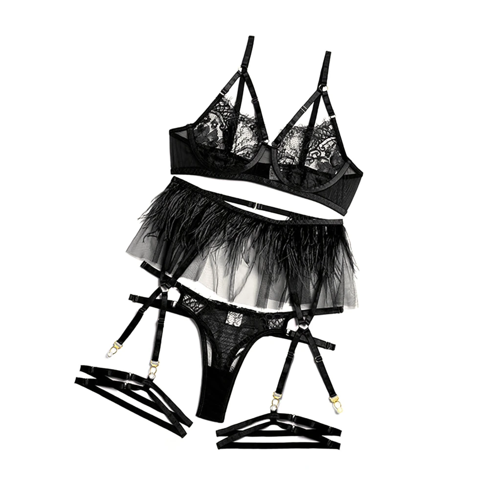 Women Lingerie Set Fashionable Elegant Lace Mesh Bra Panty Garter Belt Leg Ring Set for Anniversary Black S