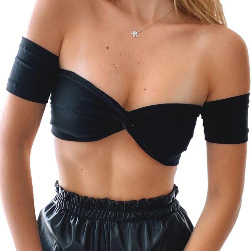 Women Top Short Sleeve Top Off Shoulder Knot Front Strapless Pure Color Chest Wrap Top Black S