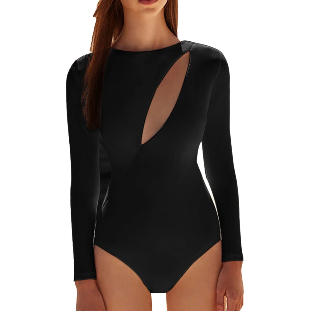 Long Sleeve Swimsuit Cut Out Crewneck Pure Color Back Zipper Bra Paddings One Piece Bathing Suit for Beach Surfing Pool Black L